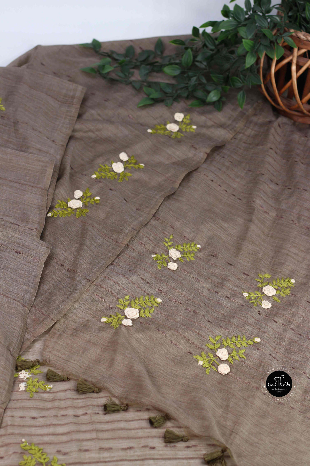 Olive Brown Bamboo Silk Saree with Floral Hand Embroidery