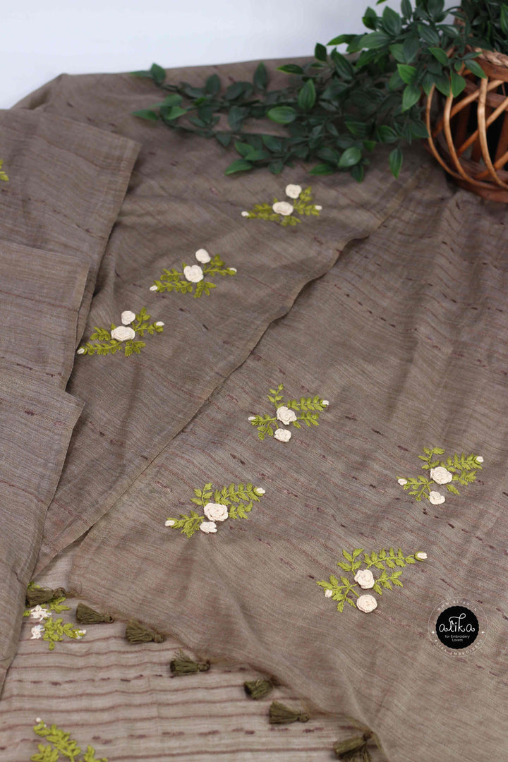 Olive Brown Bamboo Silk Saree with Floral Hand Embroidery
