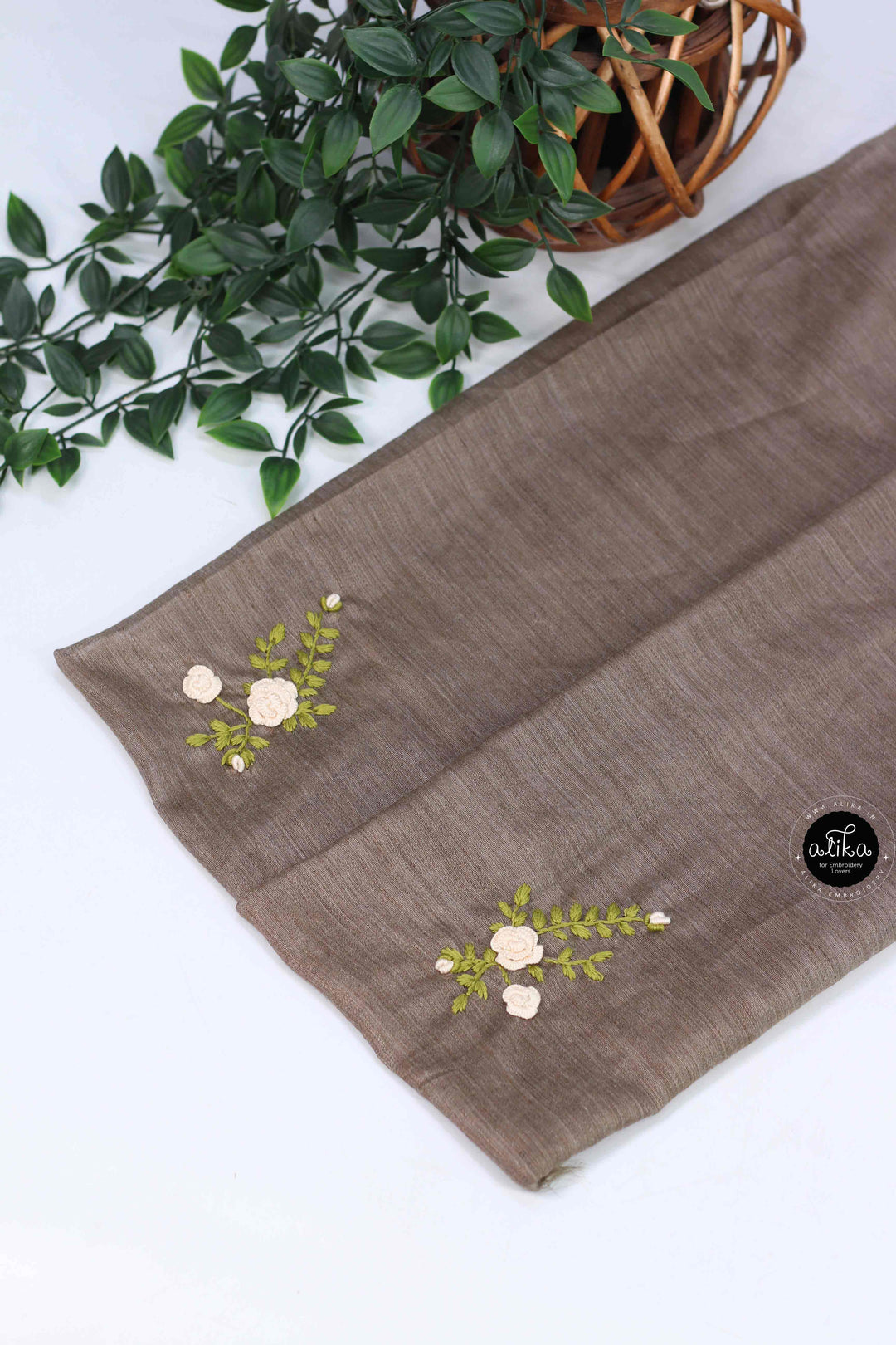Olive Brown Bamboo Silk Saree with Floral Hand Embroidery