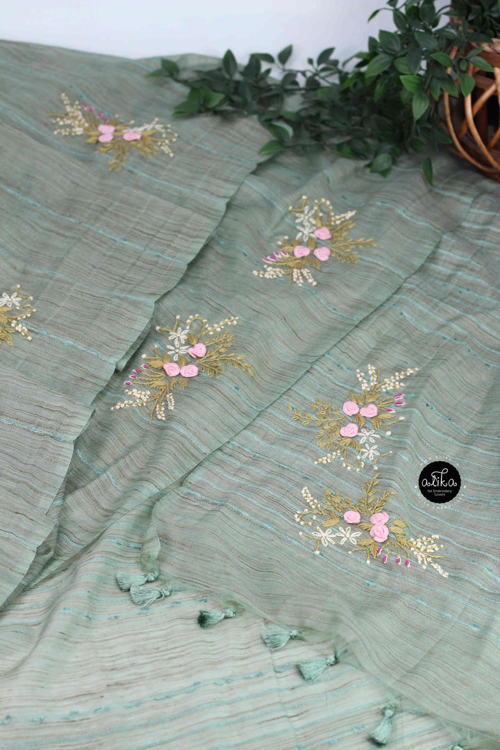 Sage Green Bamboo Silk Saree with Floral Hand Embroidery