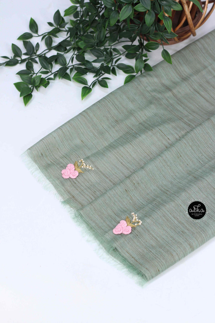 Sage Green Bamboo Silk Saree with Floral Hand Embroidery