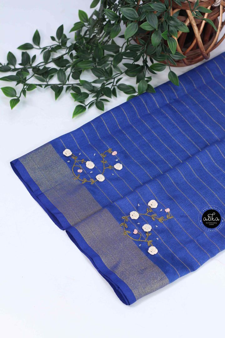 Cream cotton Linen Saree with Royal Blue Hand Embroidery