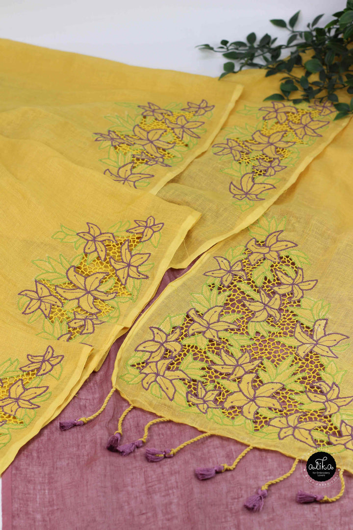 Yellow &amp; Mauve Pure Linen Saree with Floral Twine Cutwork