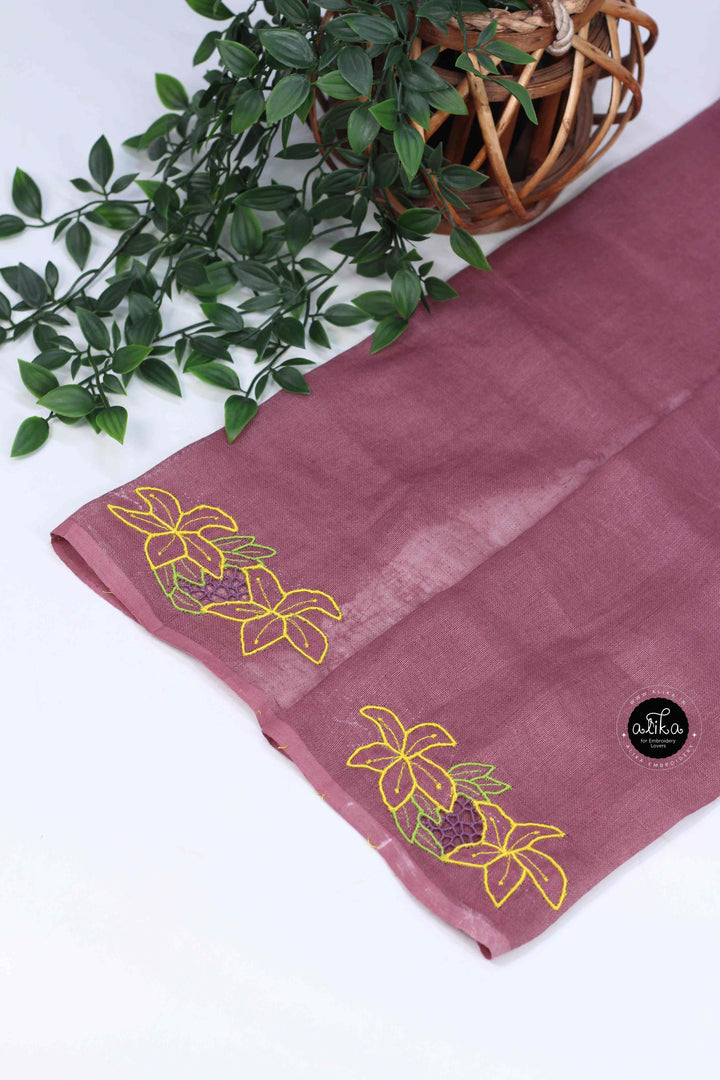 Yellow &amp; Mauve Pure Linen Saree with Floral Twine Cutwork