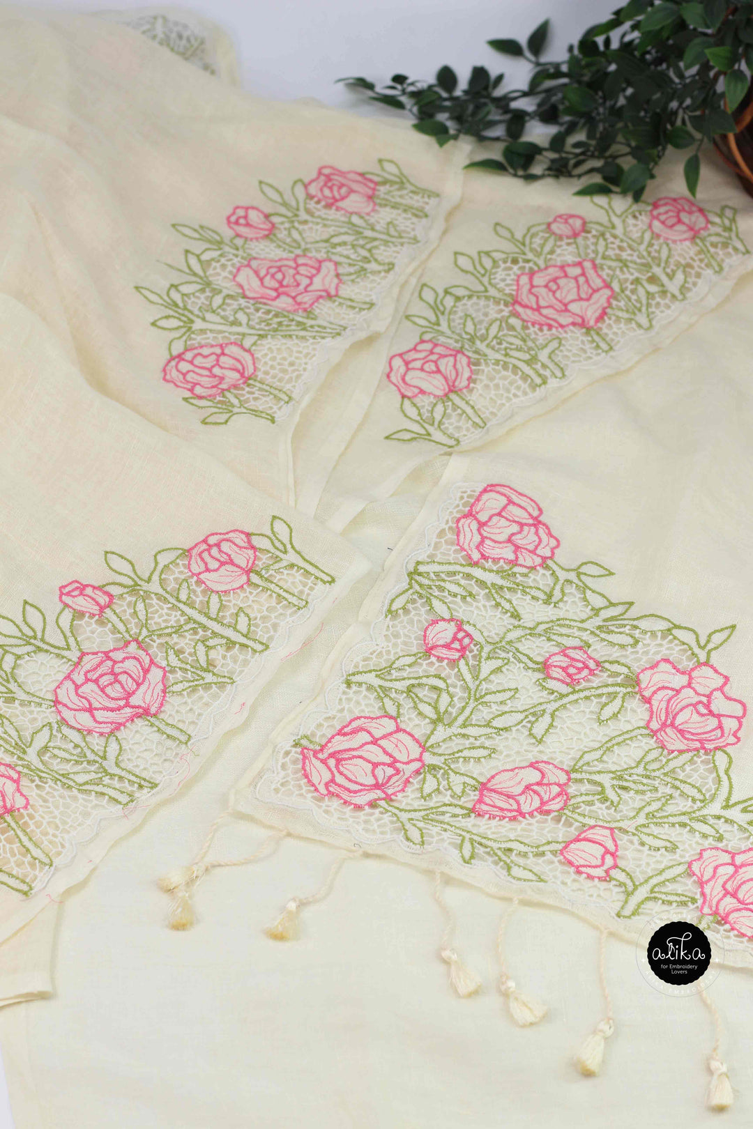 Off White Pure Linen Saree with Floral Twine Cutwork