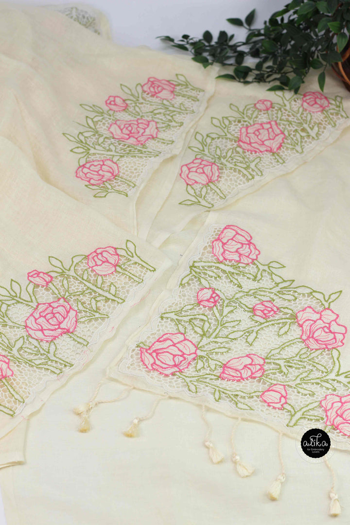 Off White Pure Linen Saree with Floral Twine Cutwork