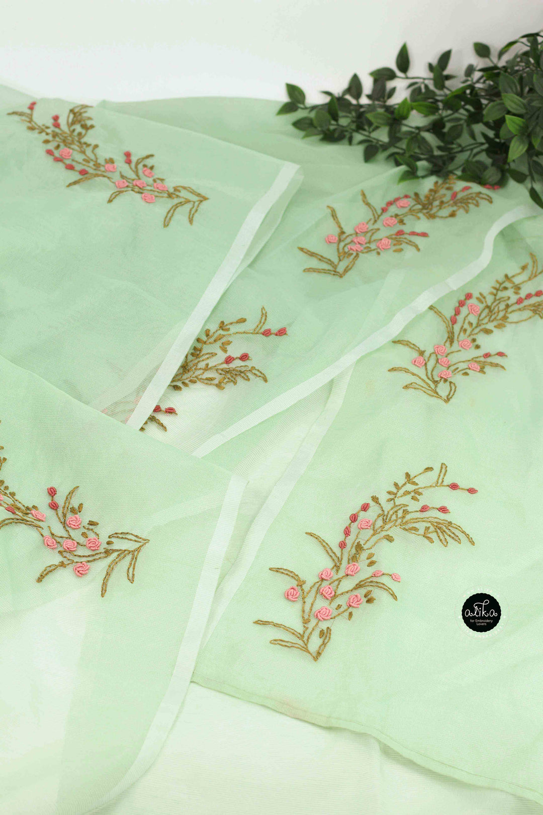 Pistachio Green Kota Saree with Floral Hand Embroidery