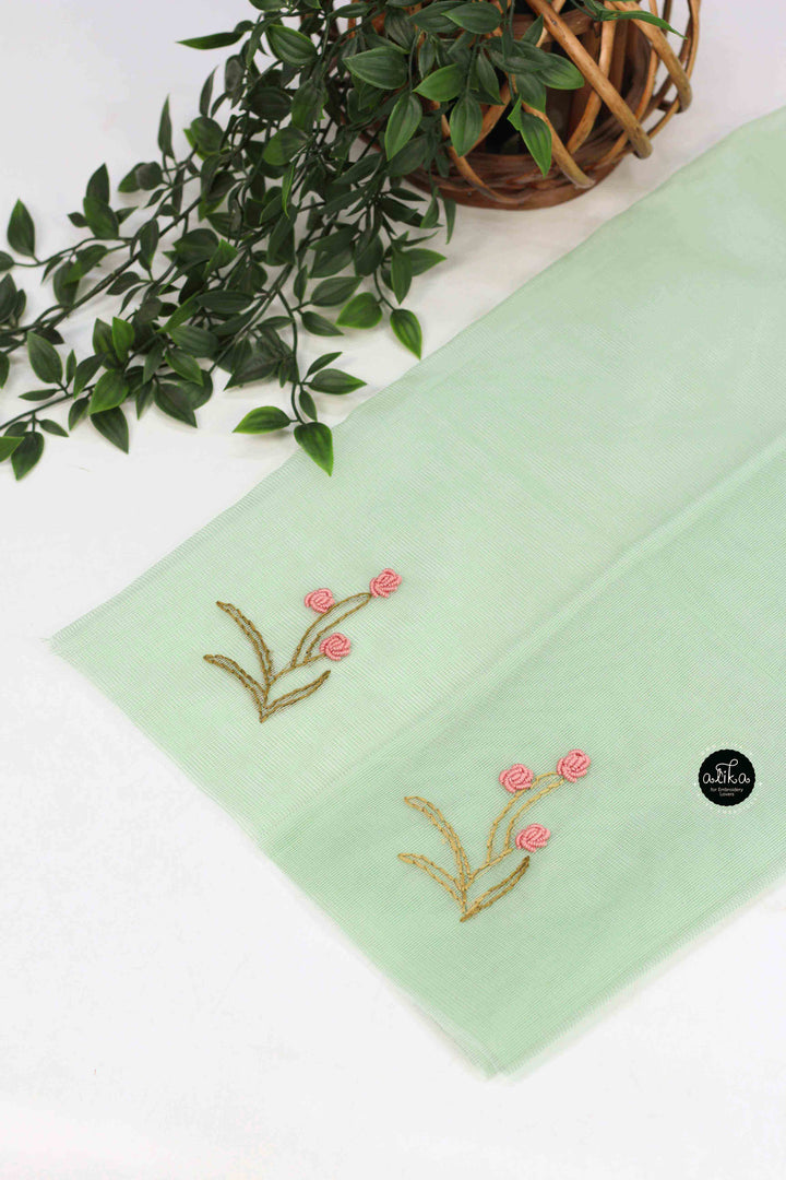 Pistachio Green Kota Saree with Floral Hand Embroidery