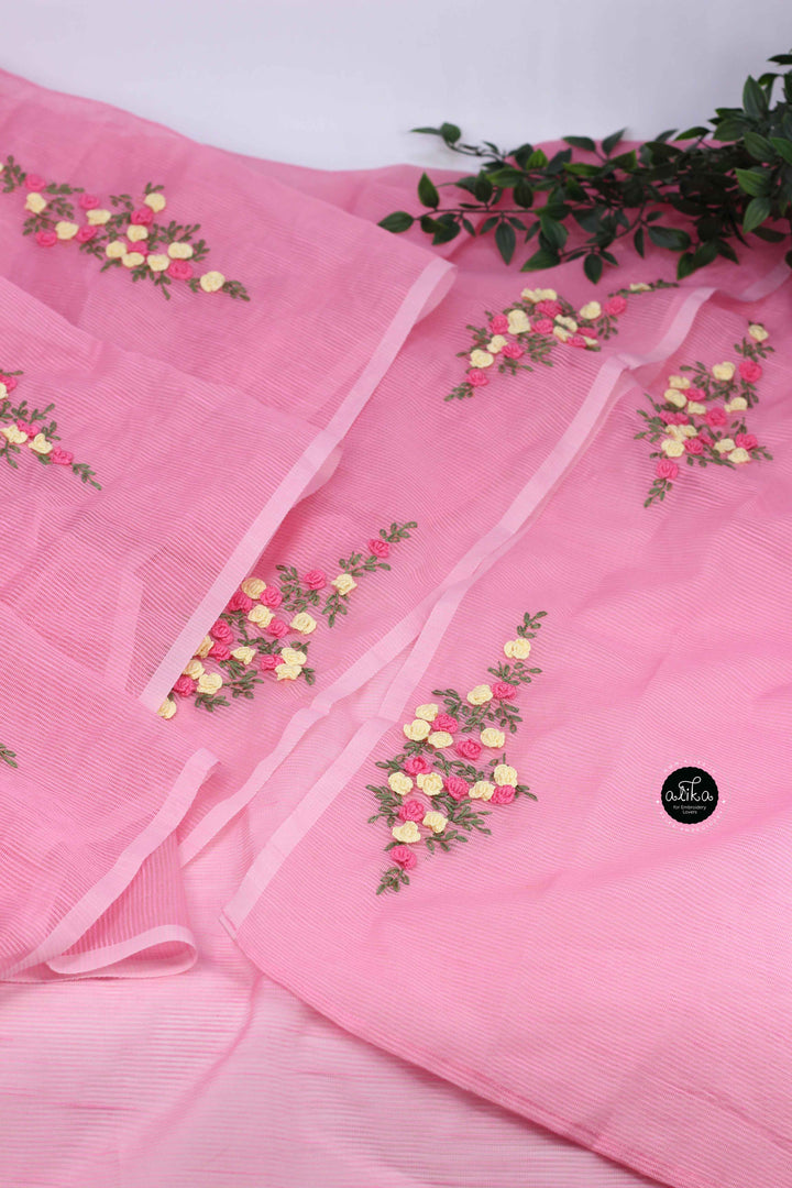 Pink Kota Saree with Floral Hand Embroidery