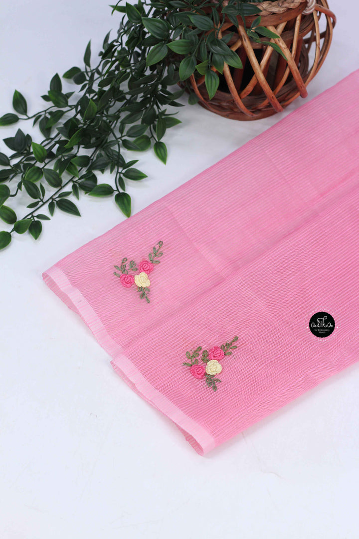 Pink Kota Saree with Floral Hand Embroidery