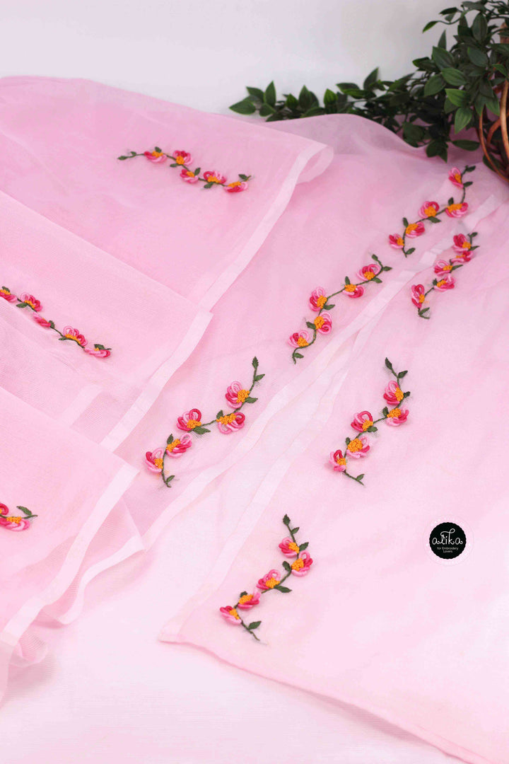 Light Pink Kota Saree with Floral Hand Embroidery
