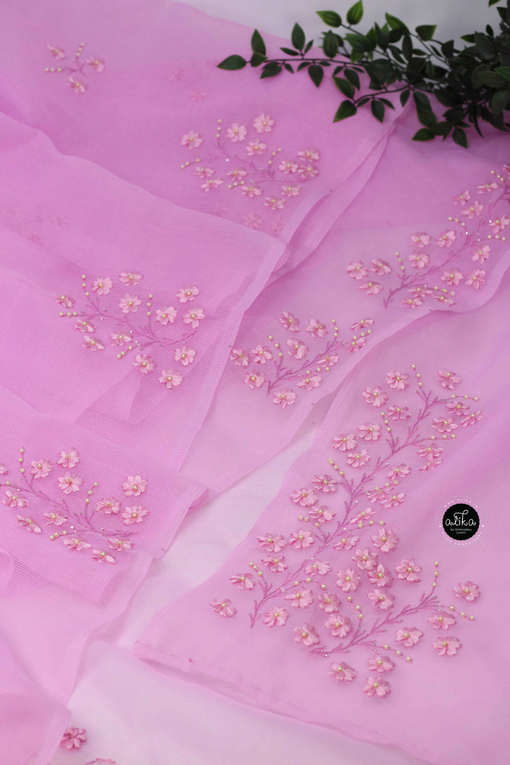 Lavender Rose Kota Saree with Floral Ribbon Work