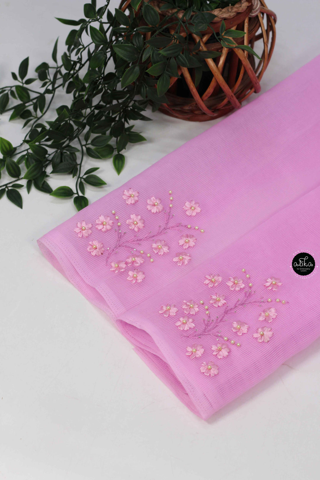Lavender Rose Kota Saree with Floral Ribbon Work