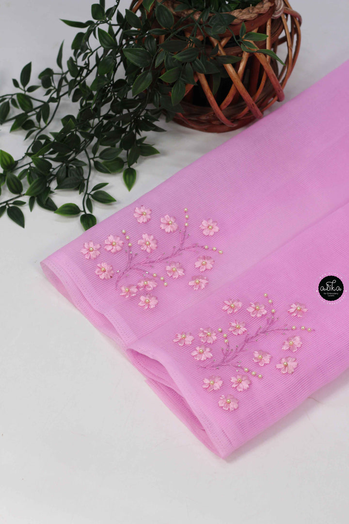 Lavender Rose Kota Saree with Floral Ribbon Work
