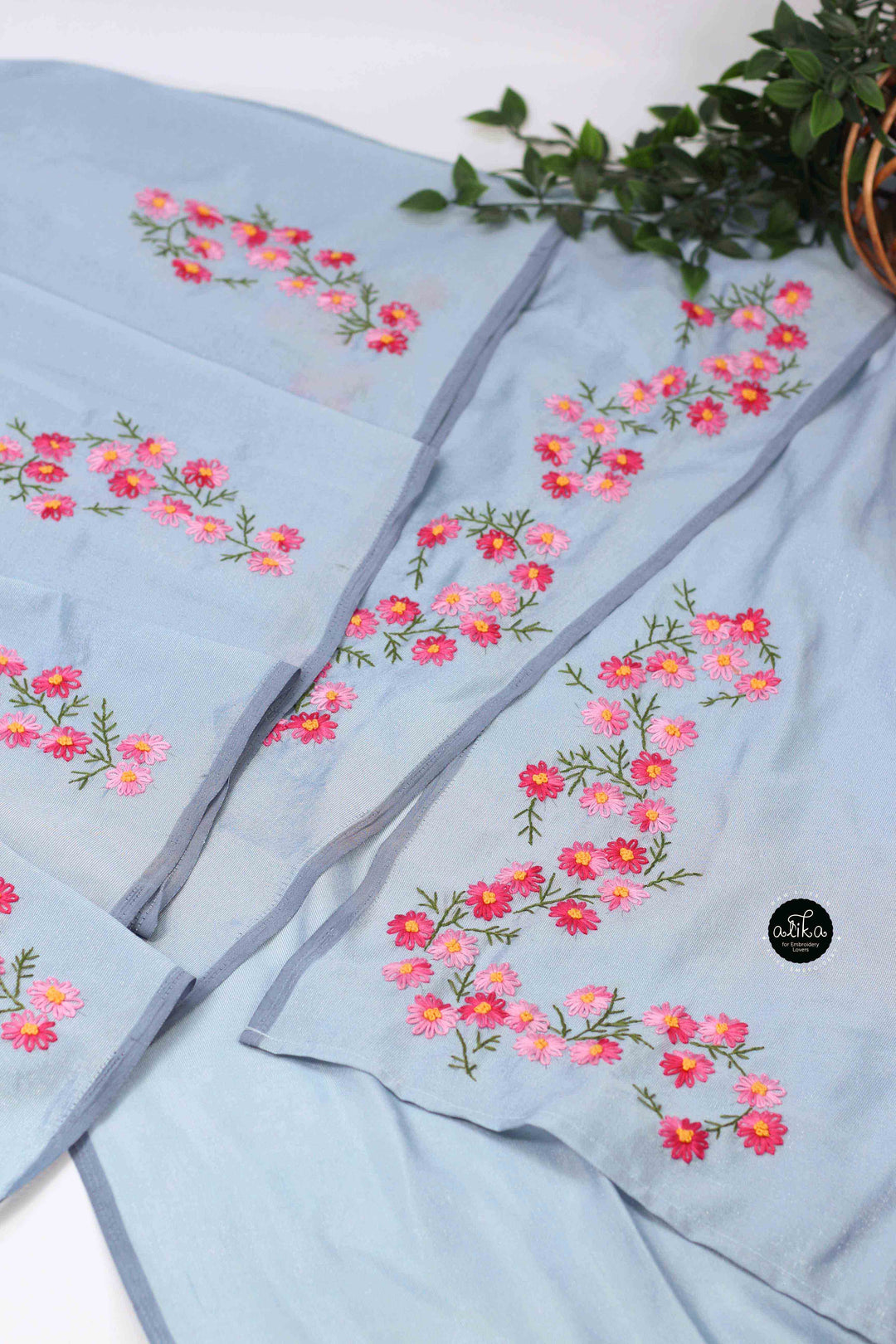Ice Blue Designer Silk Saree with Multi Colour Floral Hand Embroidery