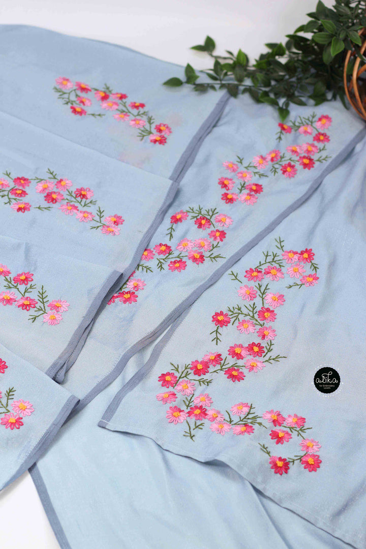 Ice Blue Designer Silk Saree with Multi Colour Floral Hand Embroidery