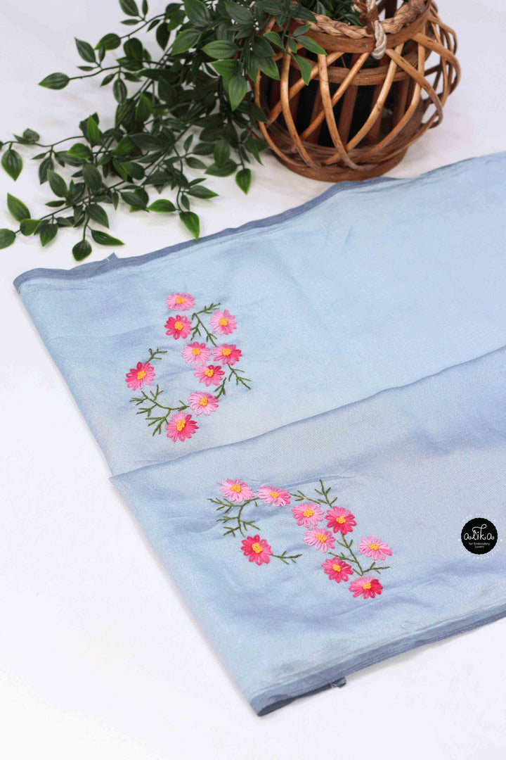 Ice Blue Designer Silk Saree with Multi Colour Floral Hand Embroidery