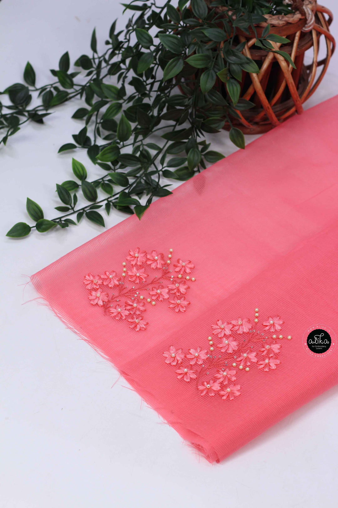 Dark Peach Kota Saree with Floral Ribbon Work