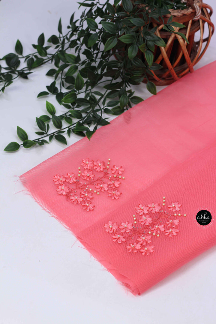 Dark Peach Kota Saree with Floral Ribbon Work