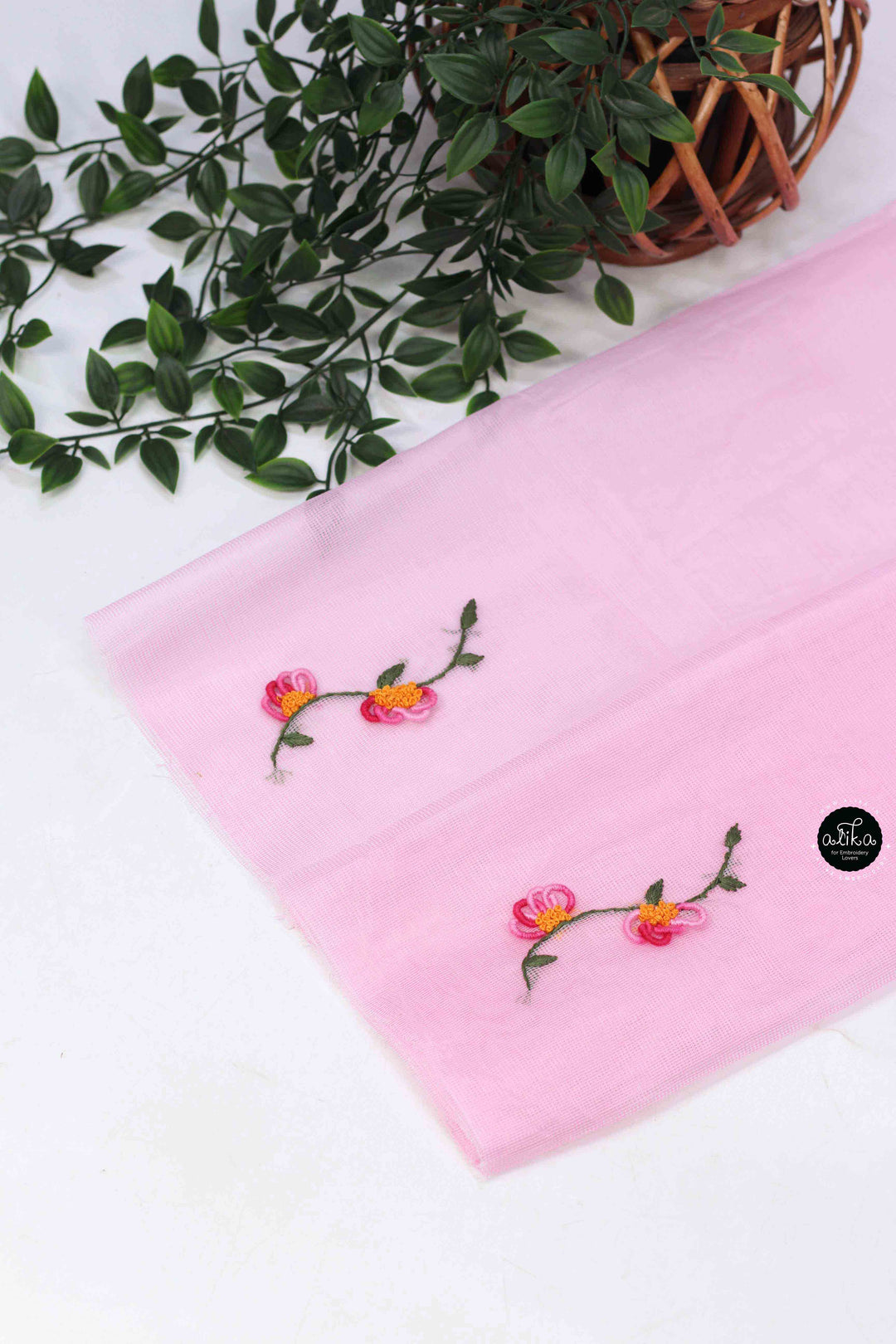 Light Pink Kota Saree with Floral Hand Embroidery