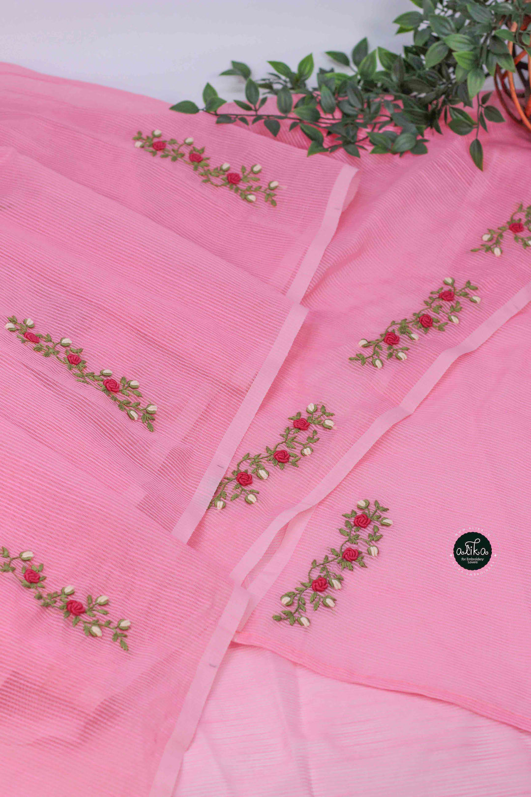 Blush Pink Kota Saree with Floral Hand Embroidery