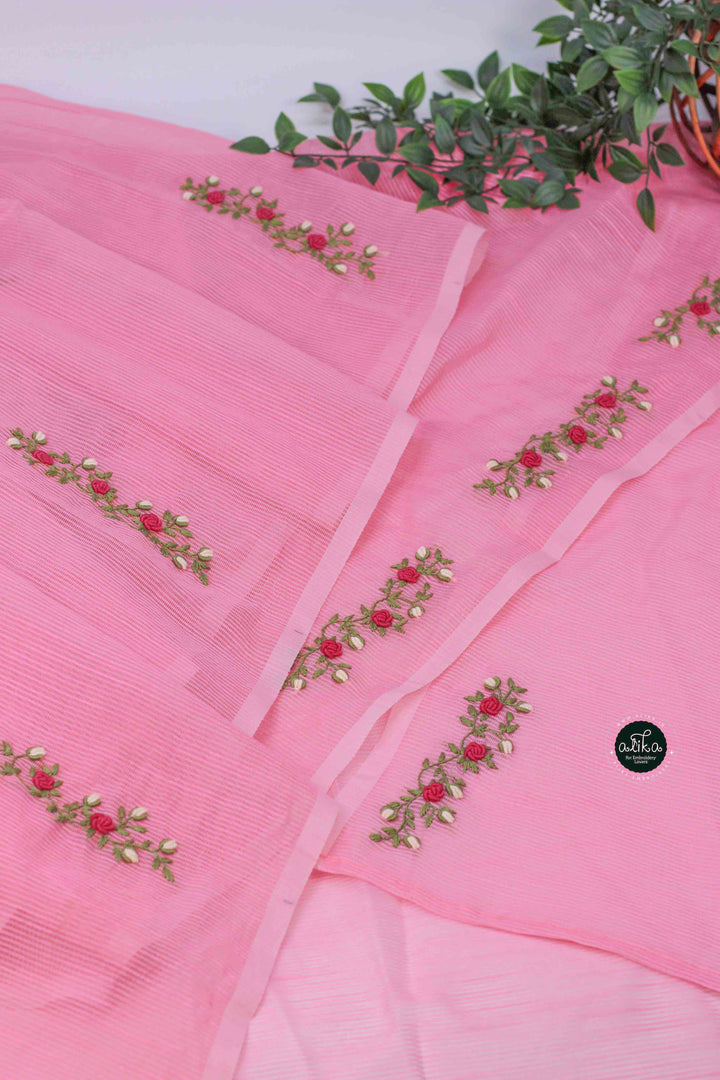 Blush Pink Kota Saree with Floral Hand Embroidery
