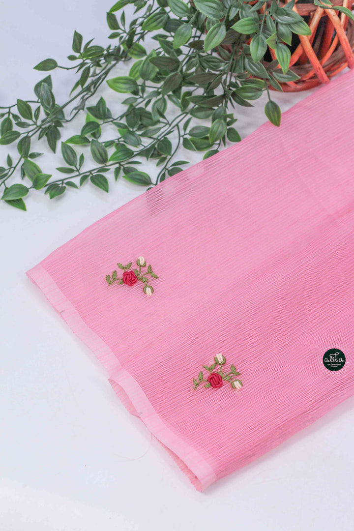 Blush Pink Kota Saree with Floral Hand Embroidery