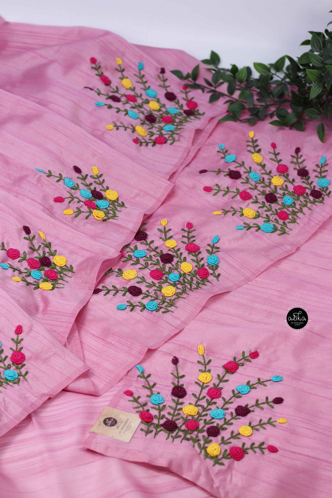 Rose Pink Designer Silk Saree with Multi Colour Floral Hand Embroidery