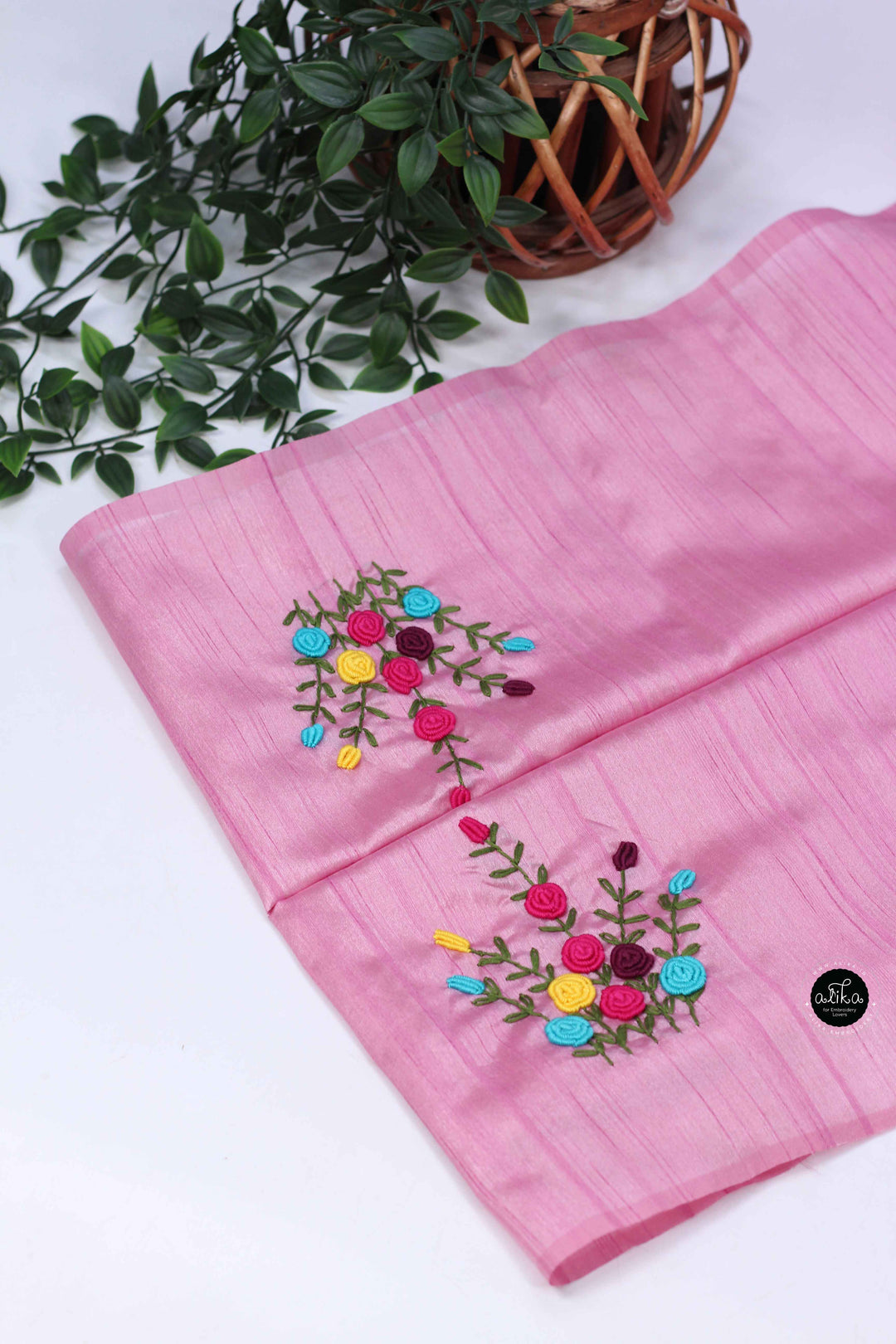 Rose Pink Designer Silk Saree with Multi Colour Floral Hand Embroidery