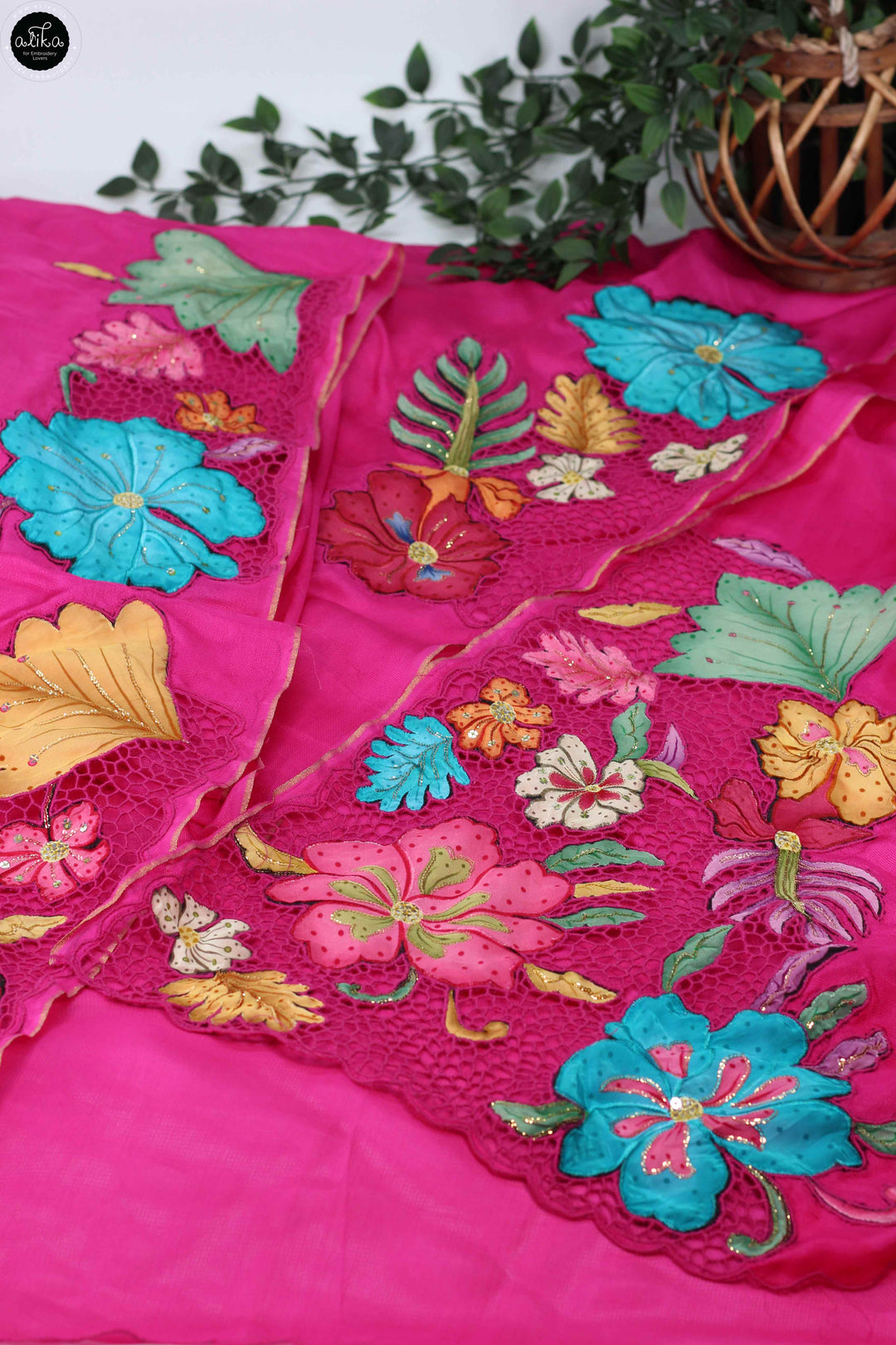 Rani Pink Crispy Georgette Saree with Floral Applique and Cutwork