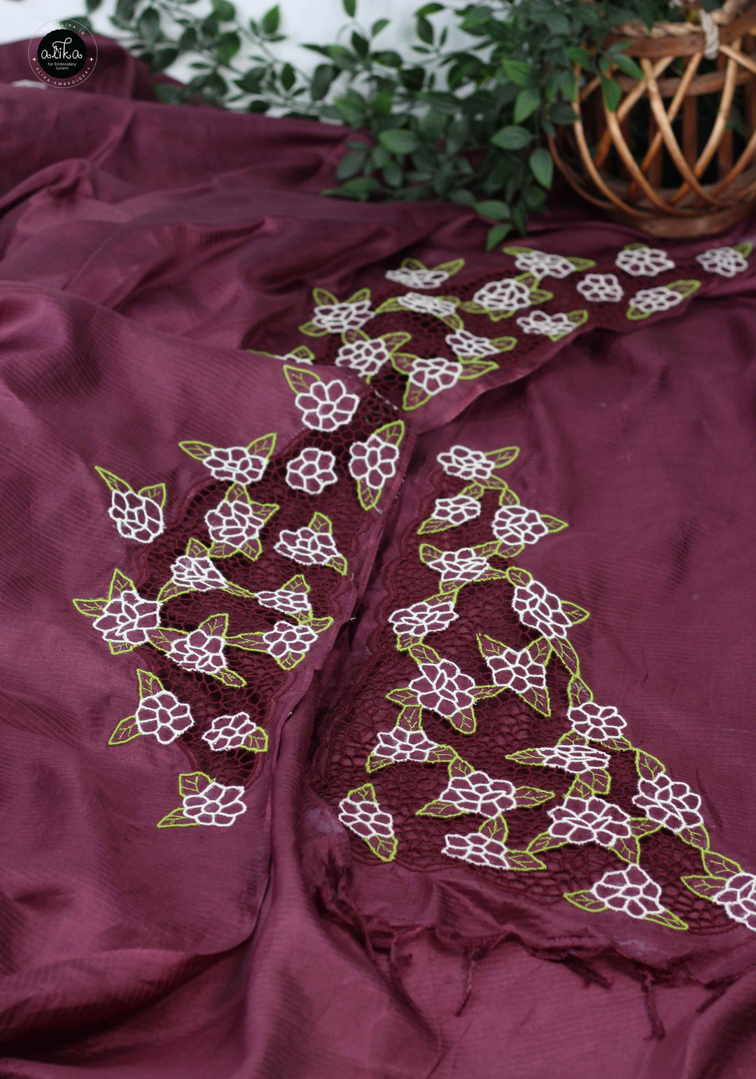 Dark Coffee Brown Semi Tussar Silk Saree with Floral Cutwork