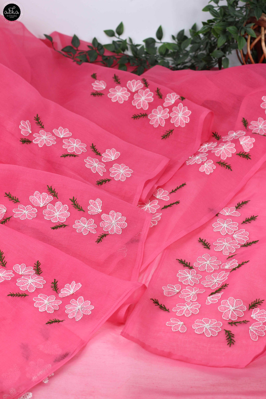 Warm Pink Kota Saree with Floral Shadow &amp; Bead Work