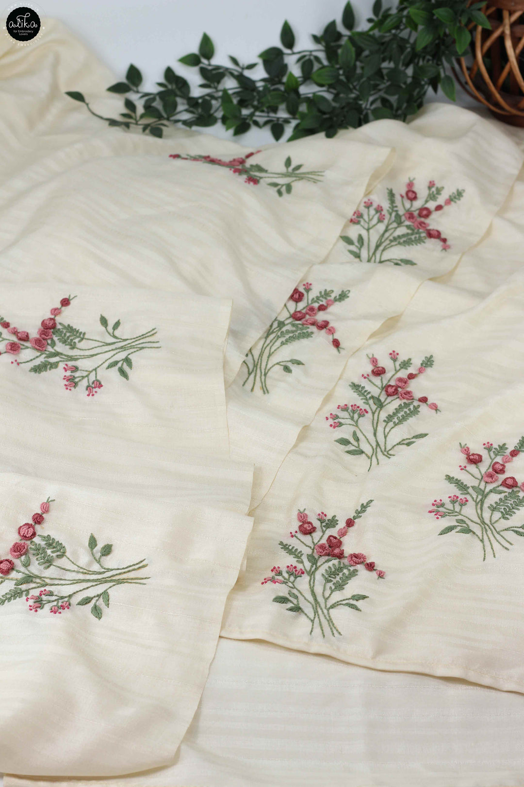 Light Beige Semi Silk Saree with Floral Hand Embroidery