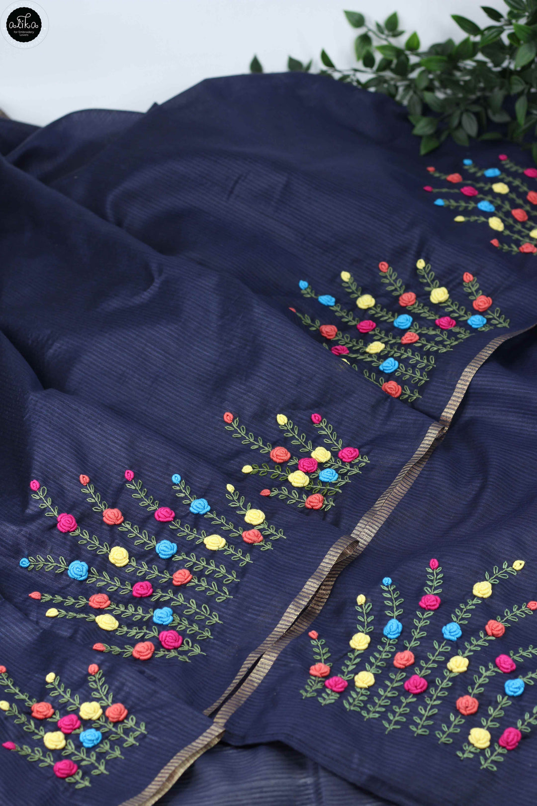 Navy Blue Semi Silk Saree with Multicolour Floral Hand Embroidery