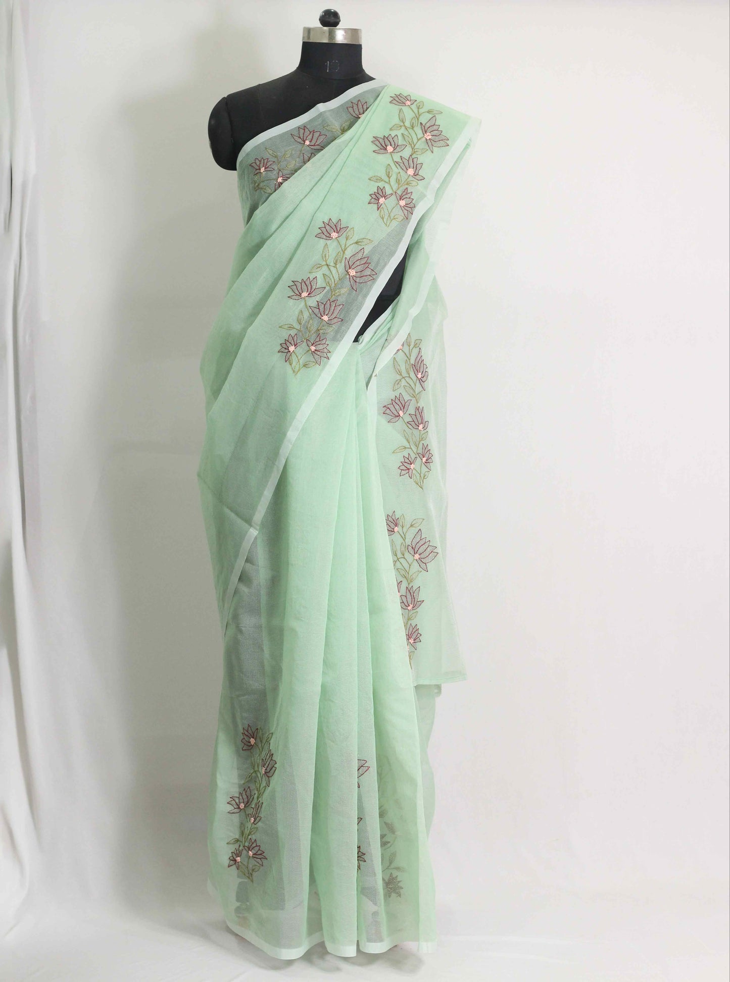 Pastel Green Kota Saree with Floral Shadow Work