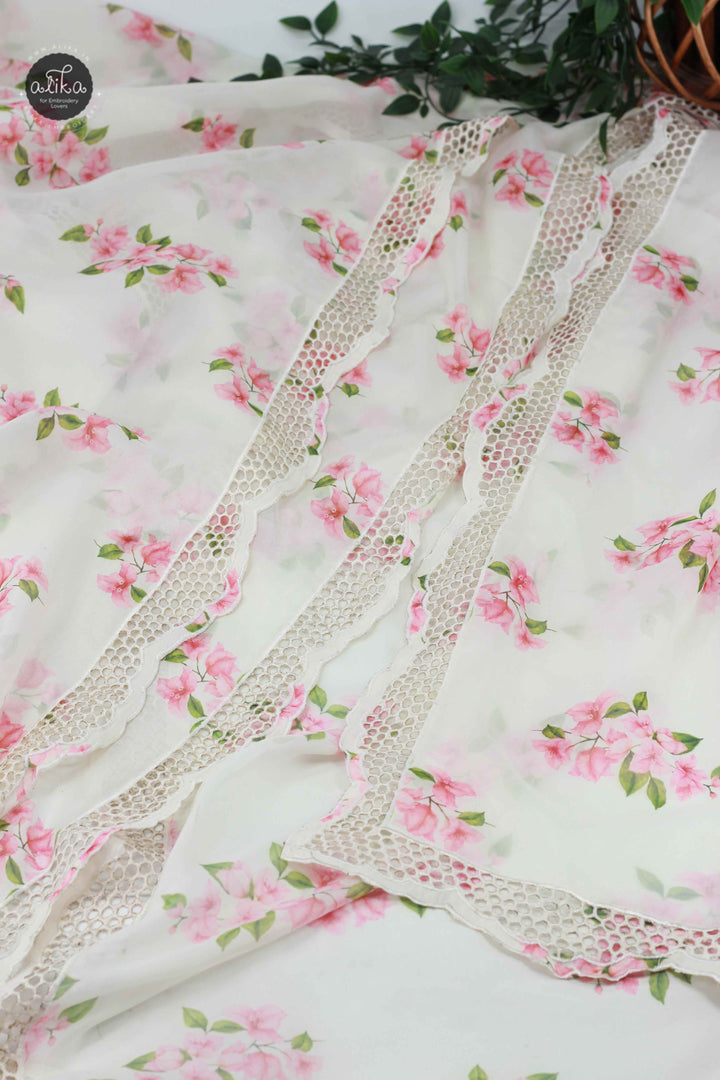 Off White Viscose Organza Saree with Bougainvillea Prints and Cutwork Border
