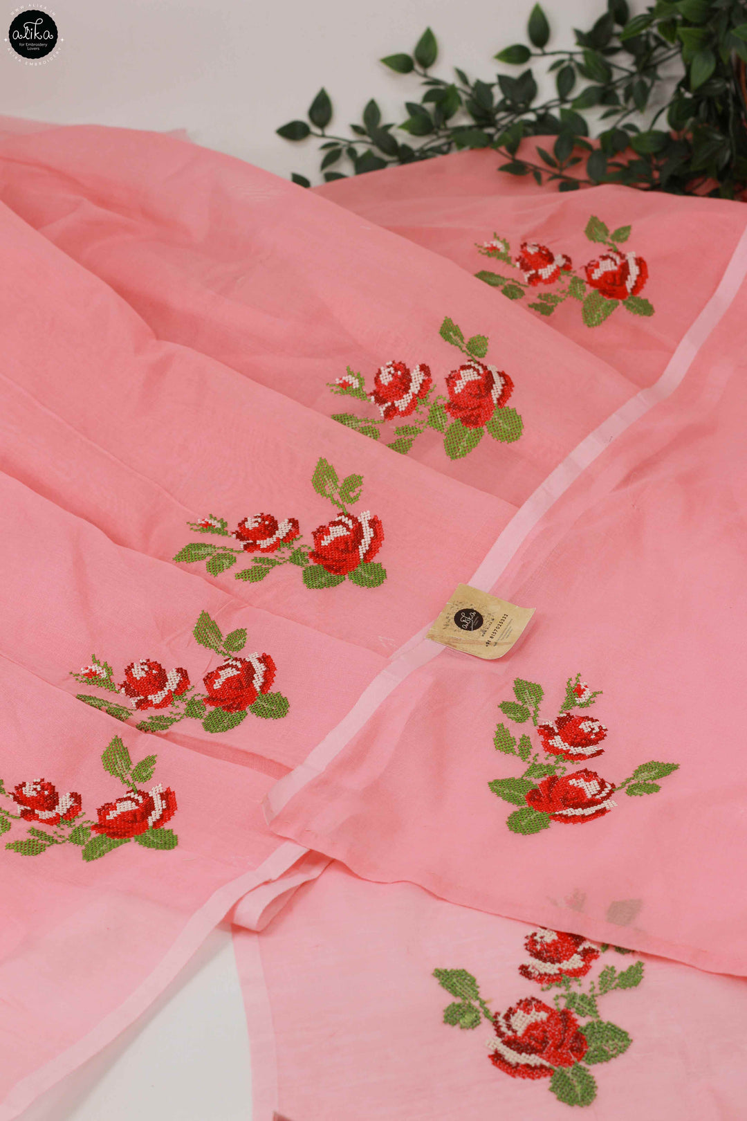 Peach Chanderi Saree with Floral Cross Stitch Embroidery