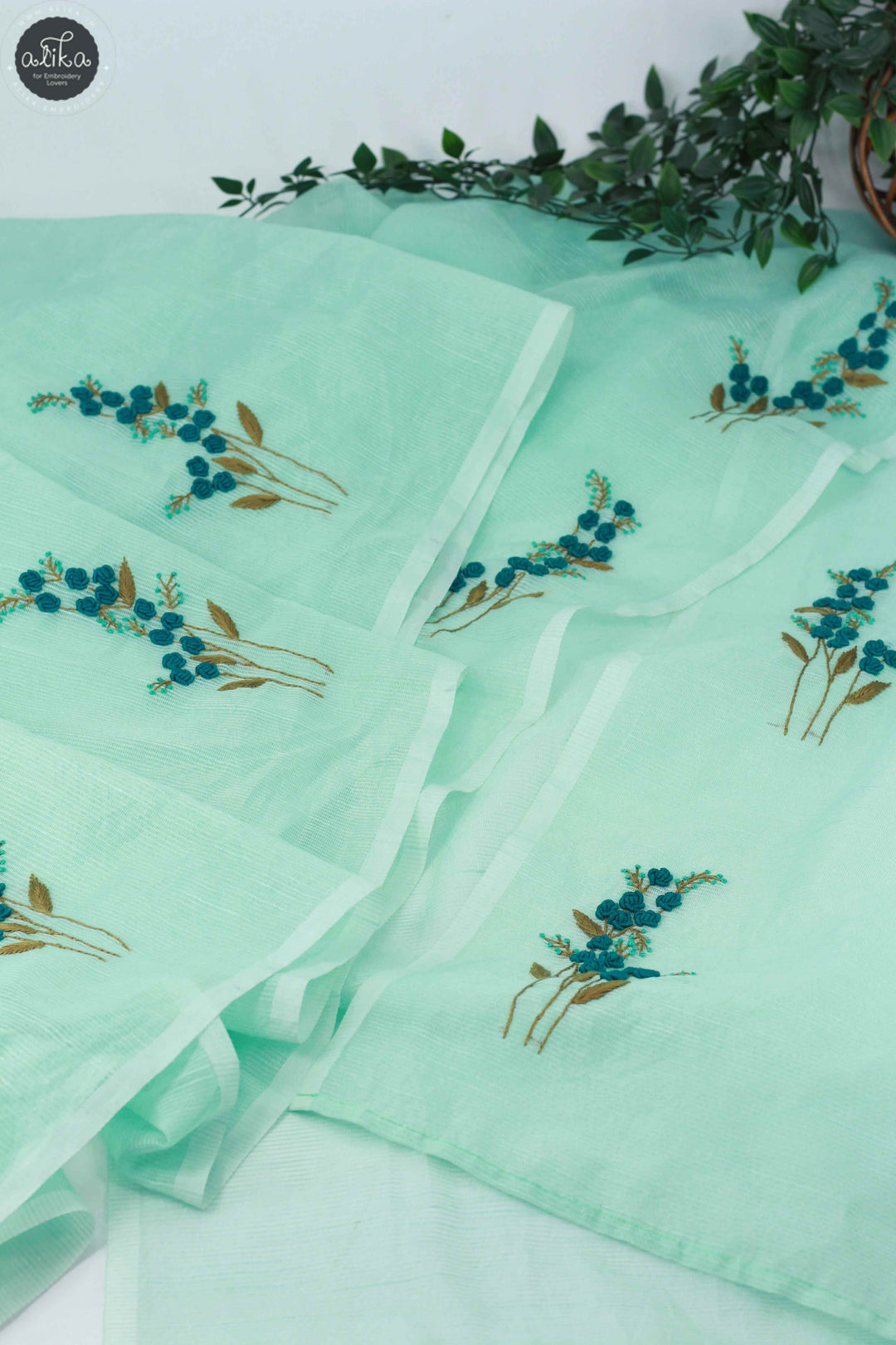 Light Aqua Green Kota Saree with Floral Hand Embroidery