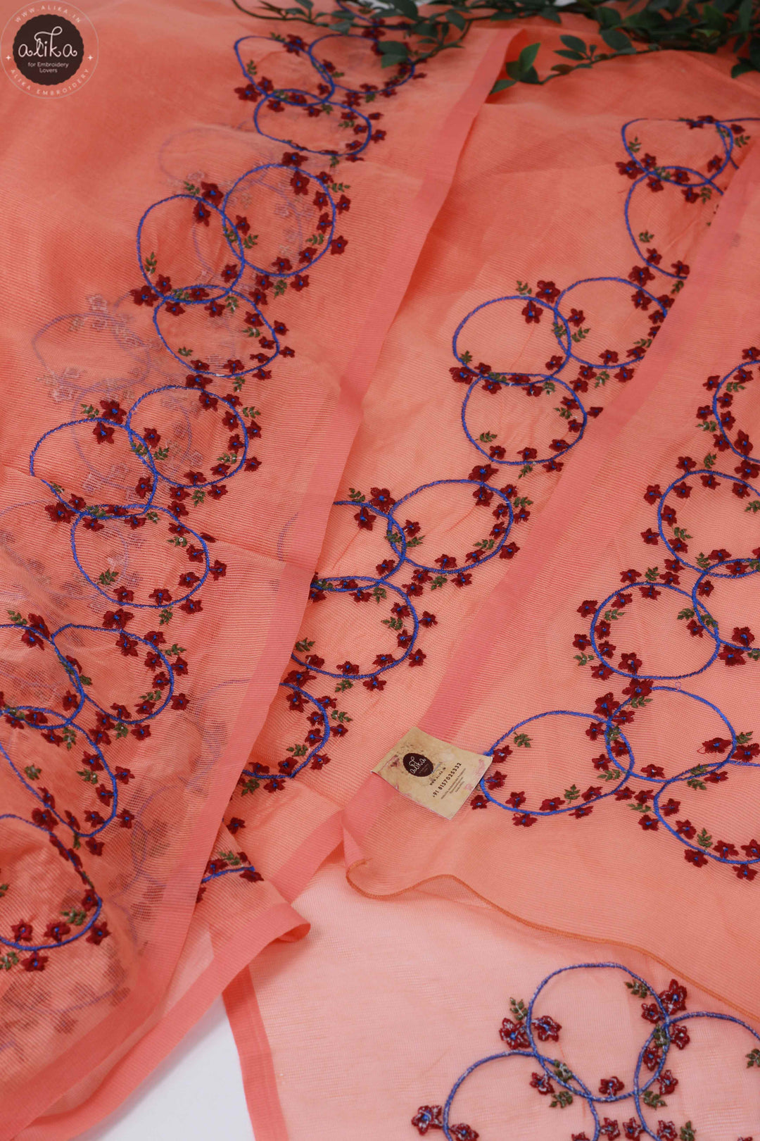 Orange Kota Saree with Floral Machine Embroidery