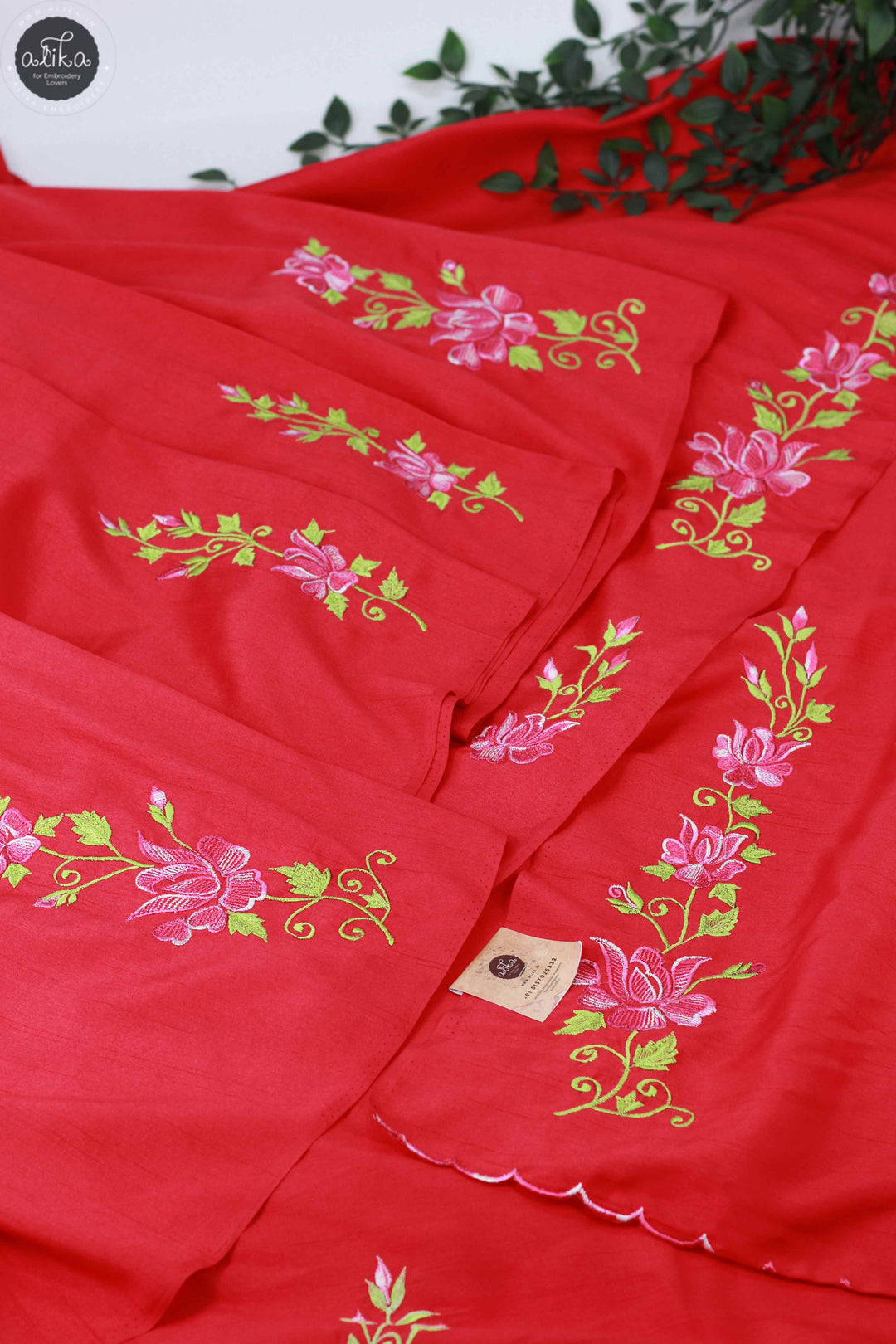 Cherry Red Soft Silk Saree with Floral Machine Embroidery