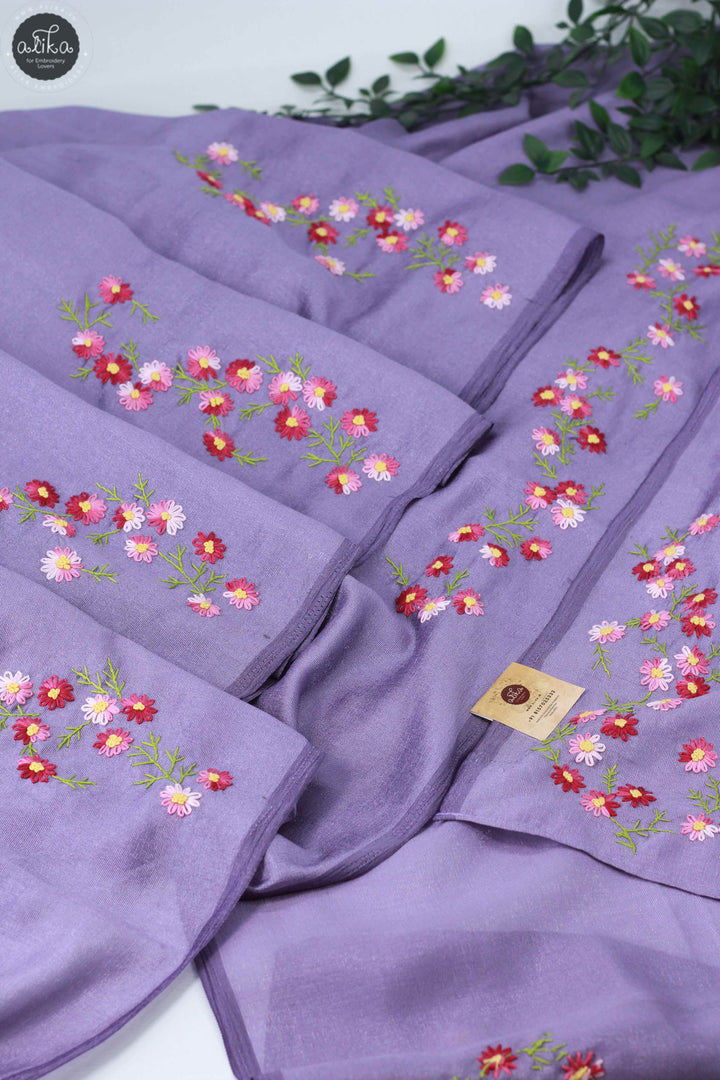 Lilac Soft Semi Silk Saree with Floral Hand Embroidery