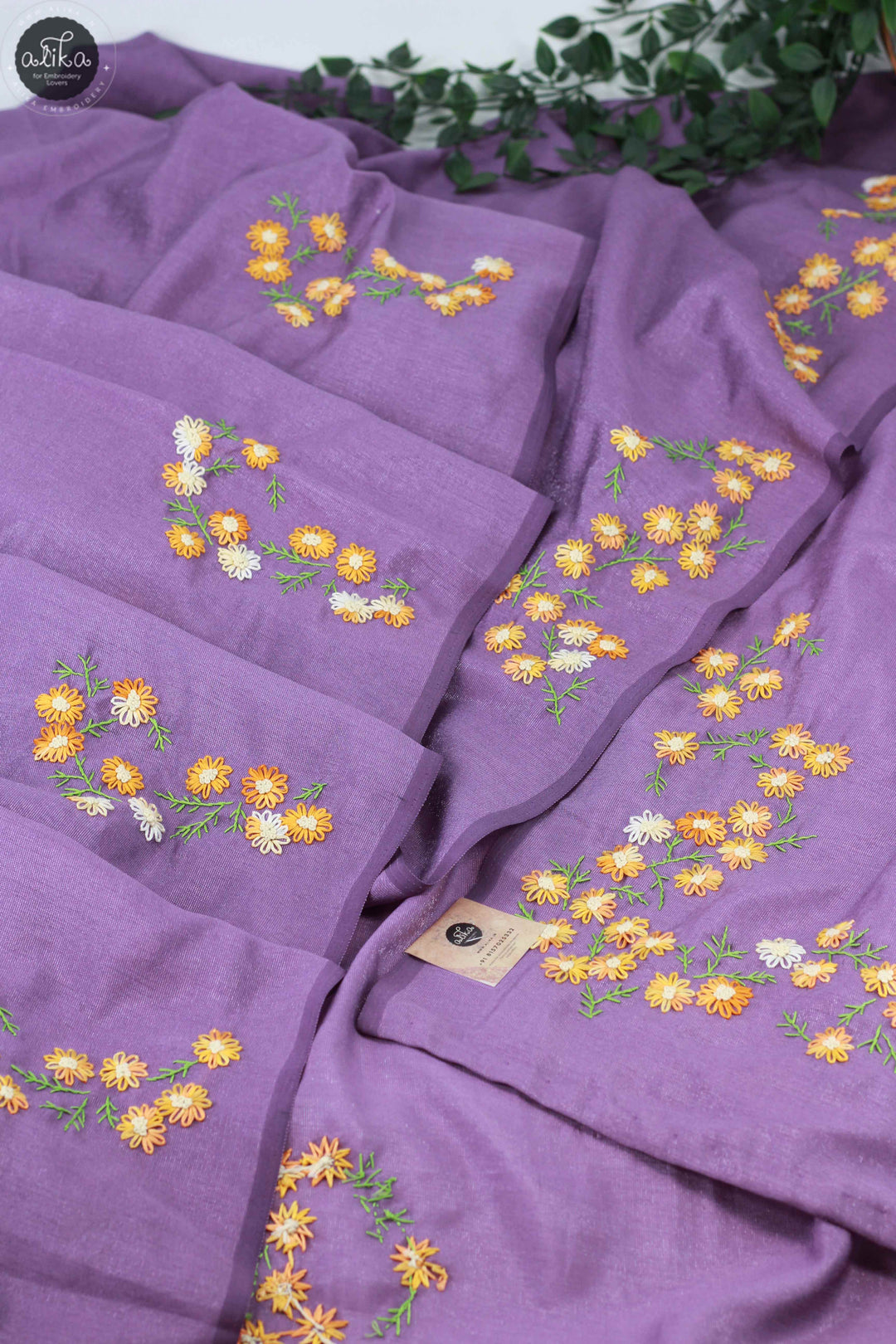 Lilac Semi Soft Silk Saree with Floral Hand Embroidery