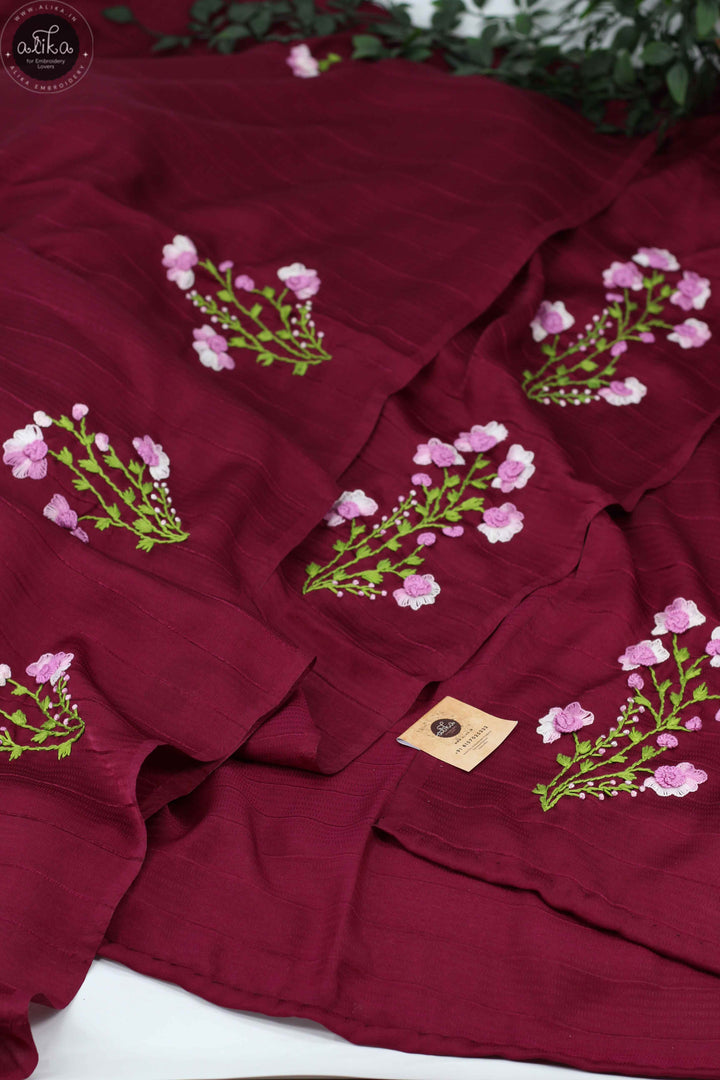 Wine Purple Semi Silk Saree with Floral Hand Embroidery