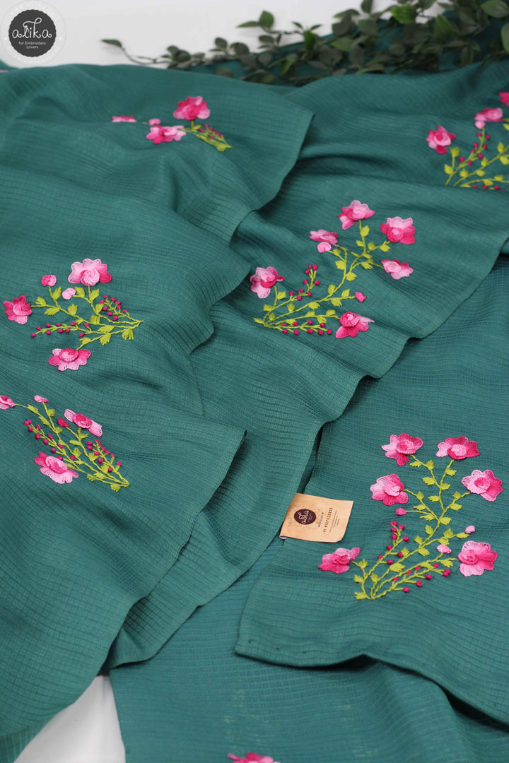 Teal Green Semi Silk Saree with Floral Hand Embroidery