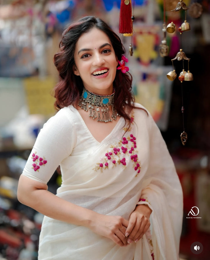 White Linen Saree with Bullion Work