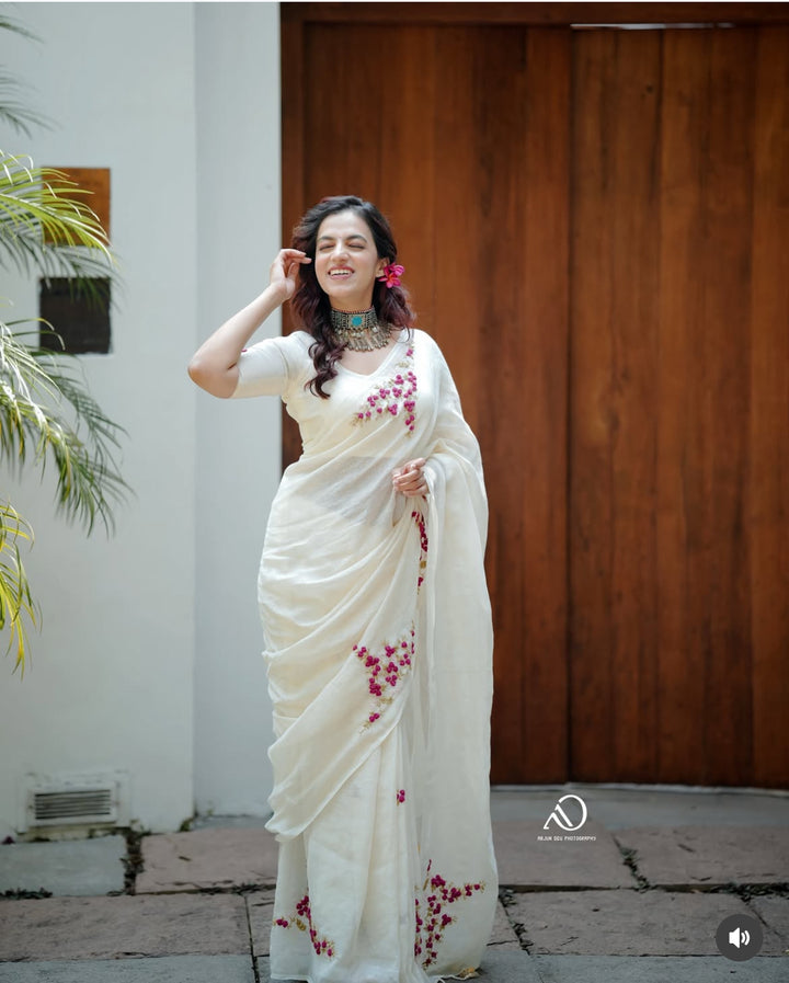White Linen Saree with Bullion Work