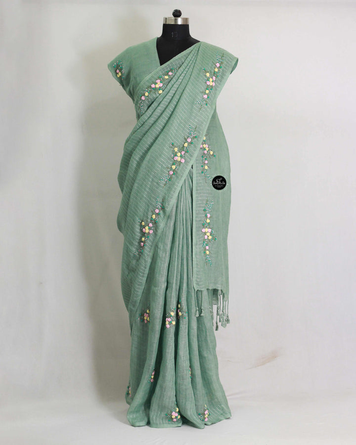 Turquoise Green Pure Linen Saree with Silver Linen Stripes &amp; Floral Hand Embroidery