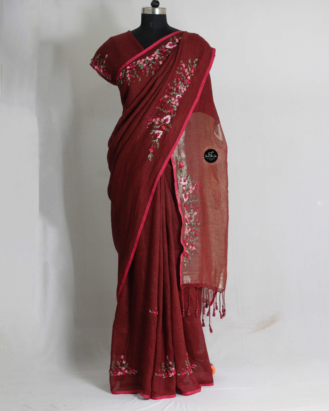 Maroon Pure Linen Saree with Floral Hand Embroidery