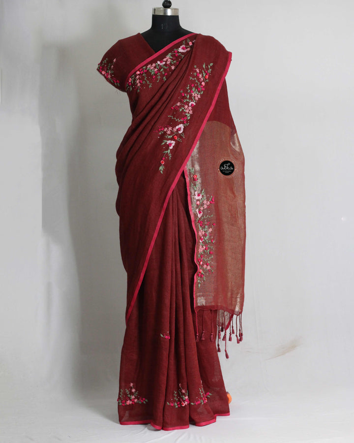 Maroon Pure Linen Saree with Floral Hand Embroidery