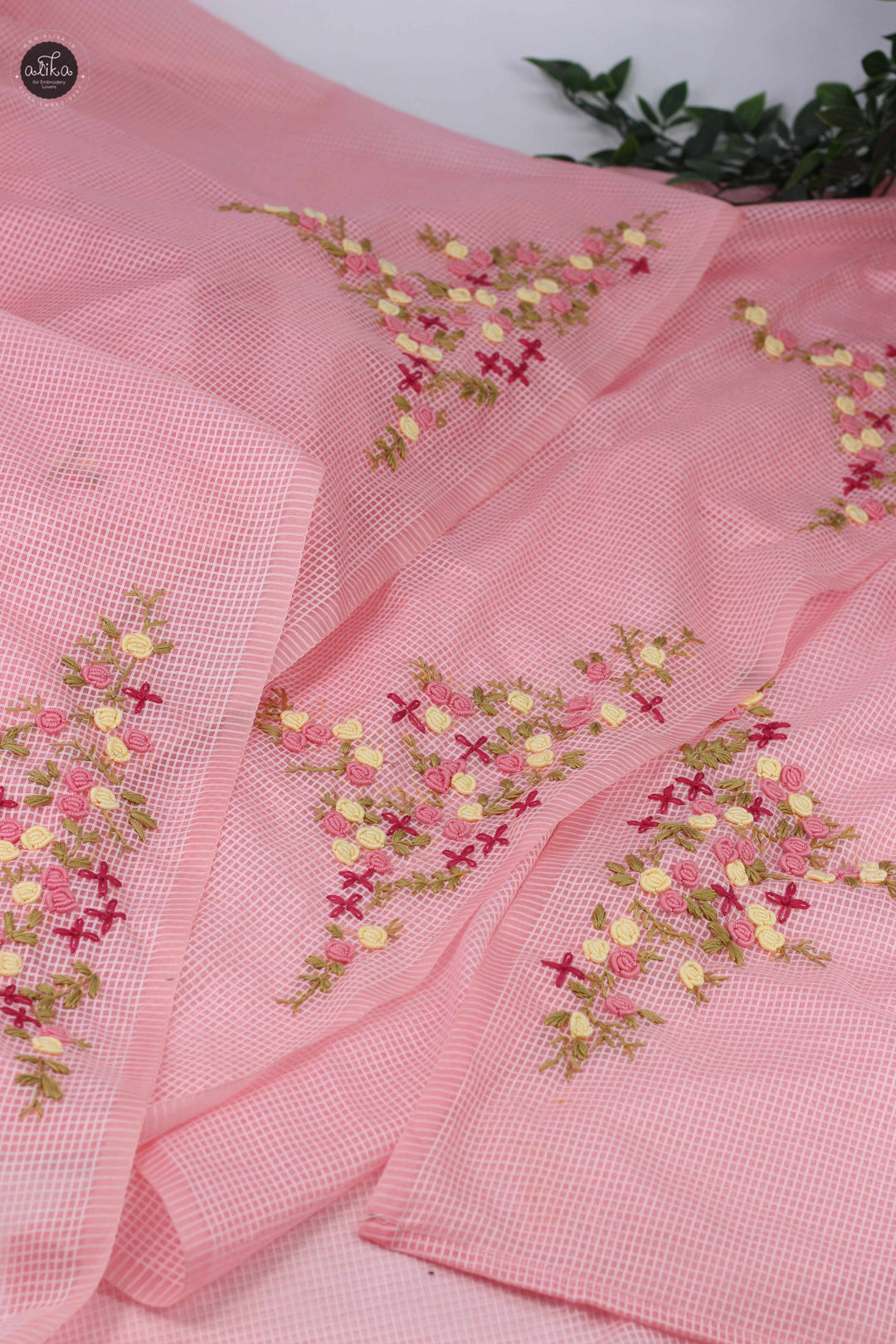 Blush Pink Bhagalpuri Silk Saree with Floral Hand Embroidery